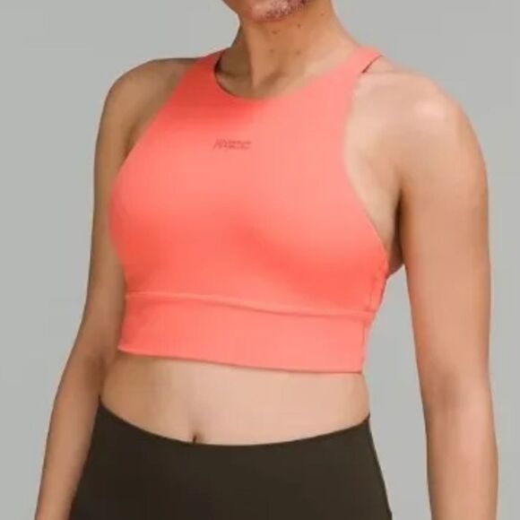 NWT New LULULEMON Long Line LL High Neck Energy Bra Motif Logo RPCR Orange 8 - Picture 1 of 9